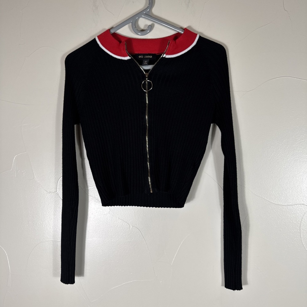 Qed London Full Gold Zip Ribbed Crop Sweater Black Red White Large